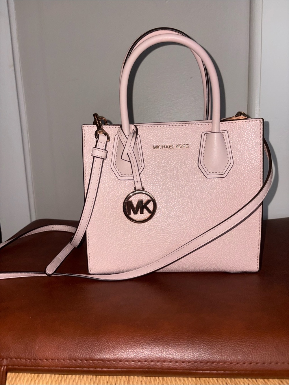 Michael Kors Blush Pink Pebbled Leather Satchel with MK Charm